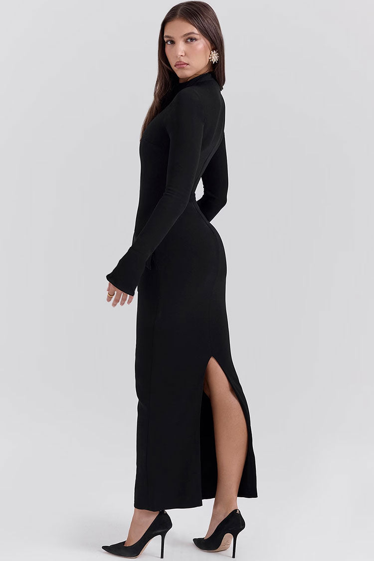 High Neck Long Sleeve Peplum Bodycon Maxi Dress in Black - View 3