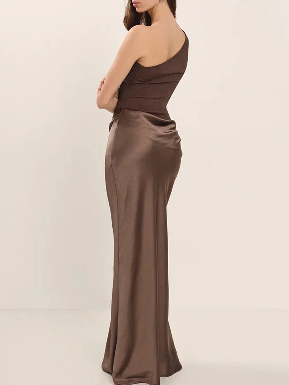 Satin One Shoulder Sleeveless Ruched Mermaid Maxi Gown in Brown - View 2