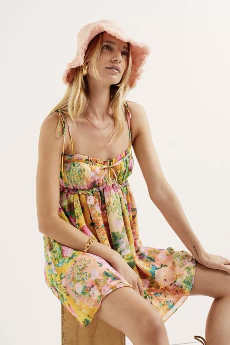 Floral Tie Strap Square Neck Babydoll Flowy Mini Summer Dress