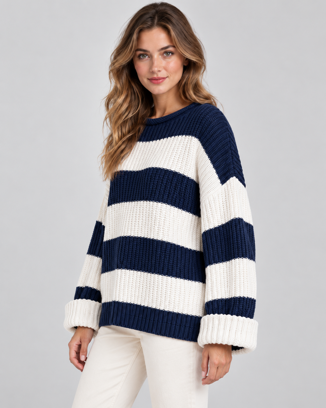 Striped Chunky Knit Oversized Crew Neck Sweater 3