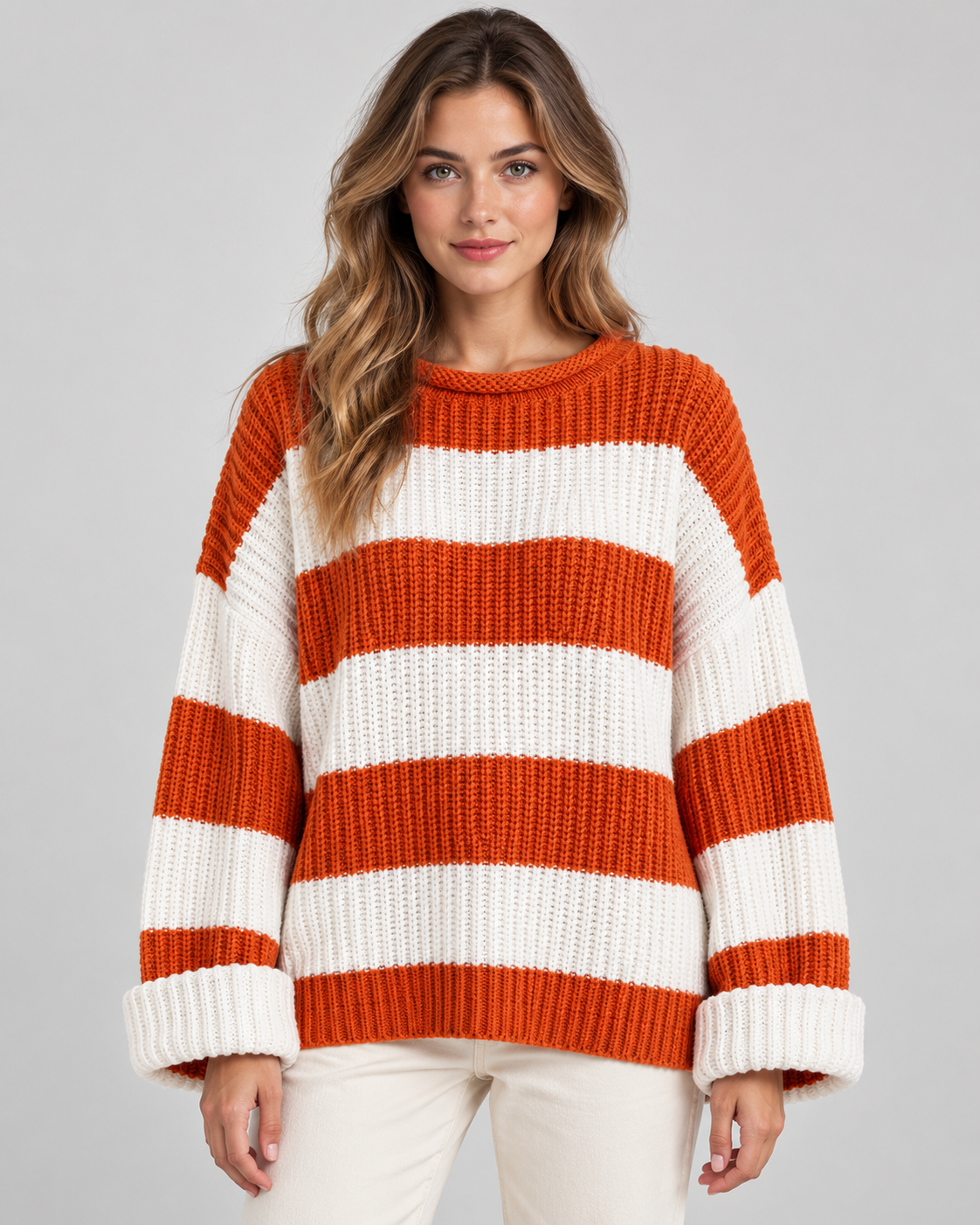 Striped Chunky Knit Oversized Crew Neck Sweater 4