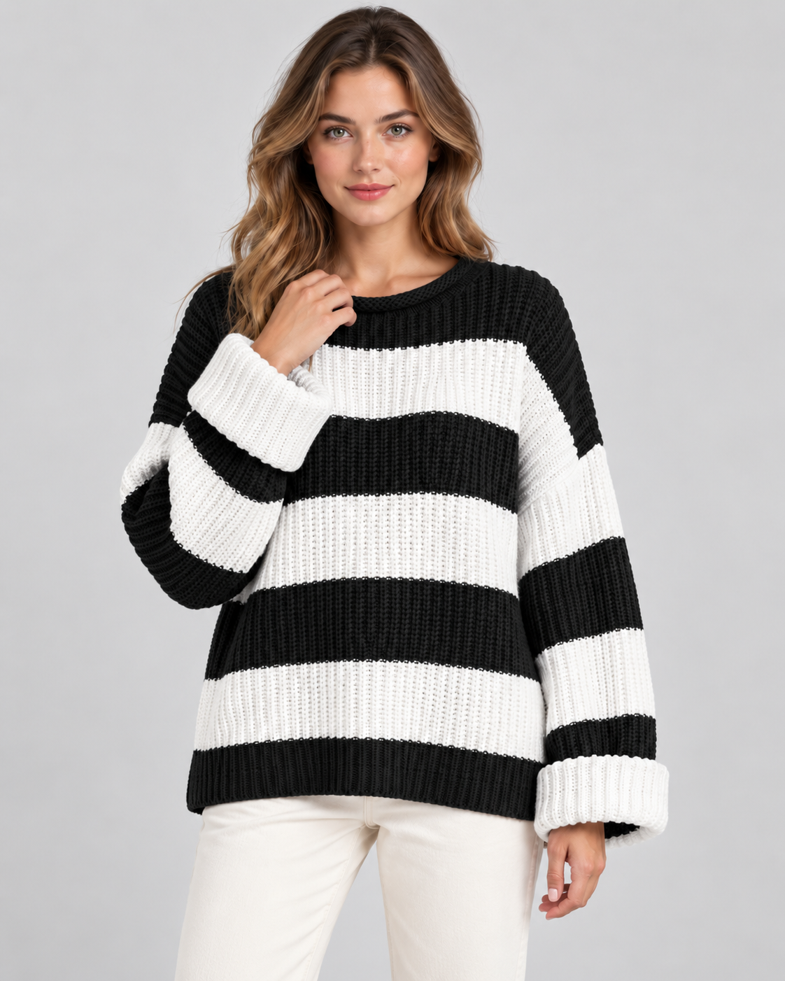 Striped Chunky Knit Oversized Crew Neck Sweater 7