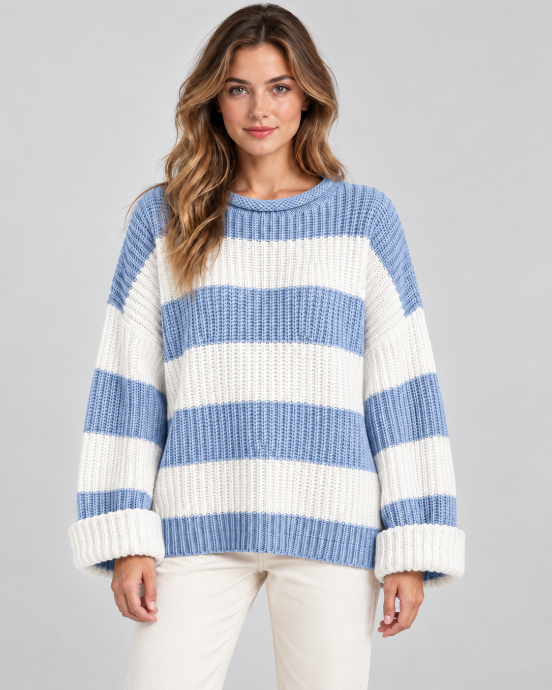 Striped Chunky Knit Oversized Crew Neck Sweater 9