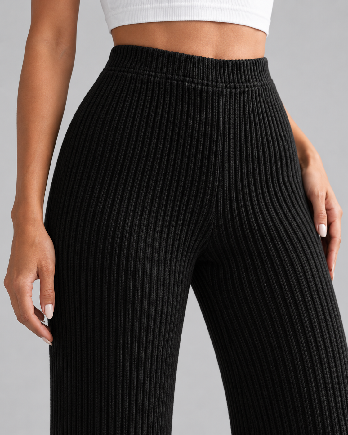 High Waist Ribbed Knit Flare Wide Leg Pants 3