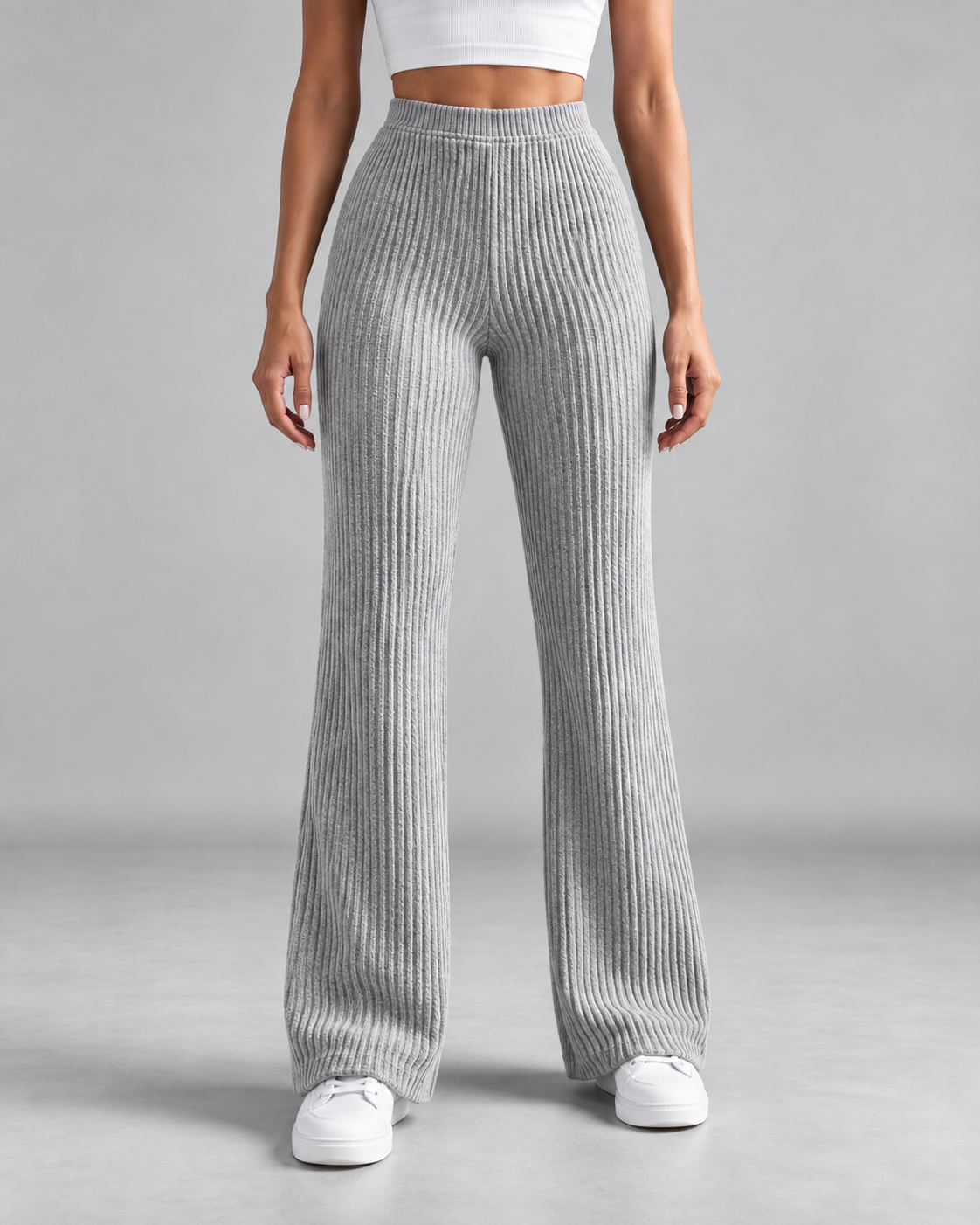 High Waist Ribbed Knit Flare Wide Leg Pants 7