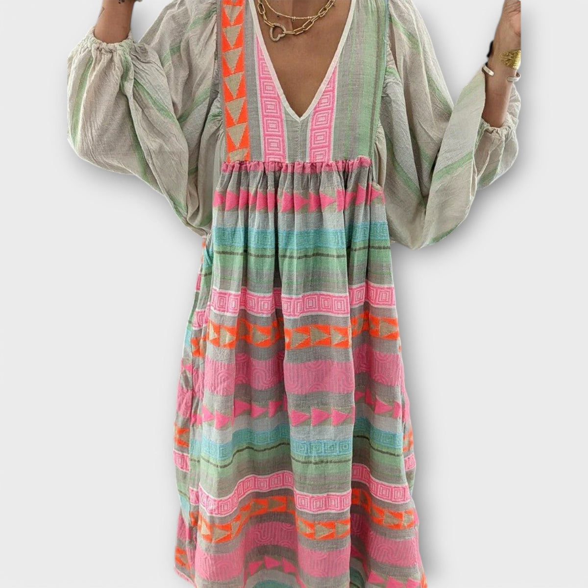 Embroidered Stripe V-Neck Long Sleeve Tiered Maxi Dress 2