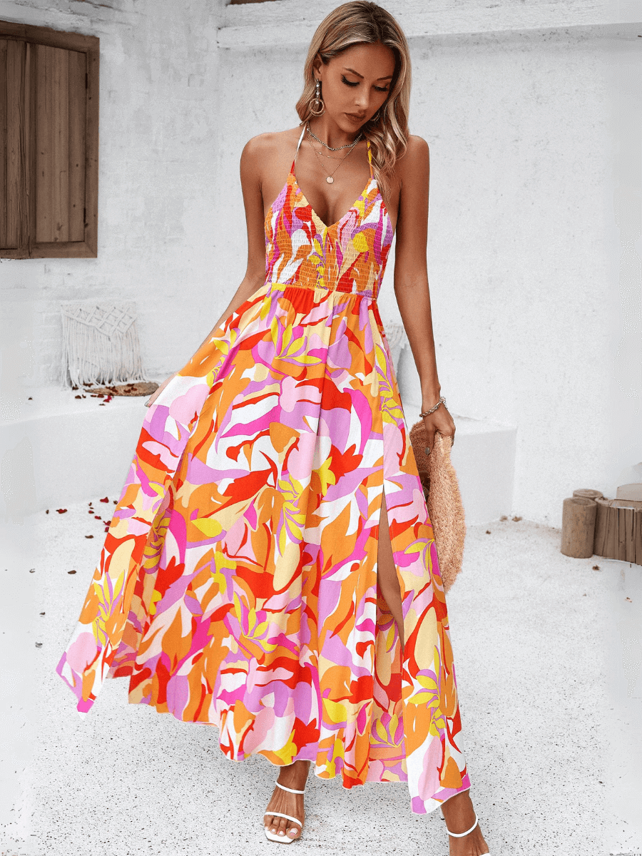 Halter Neck V-Neck Smocked Floral High Split Maxi Dress - View 6