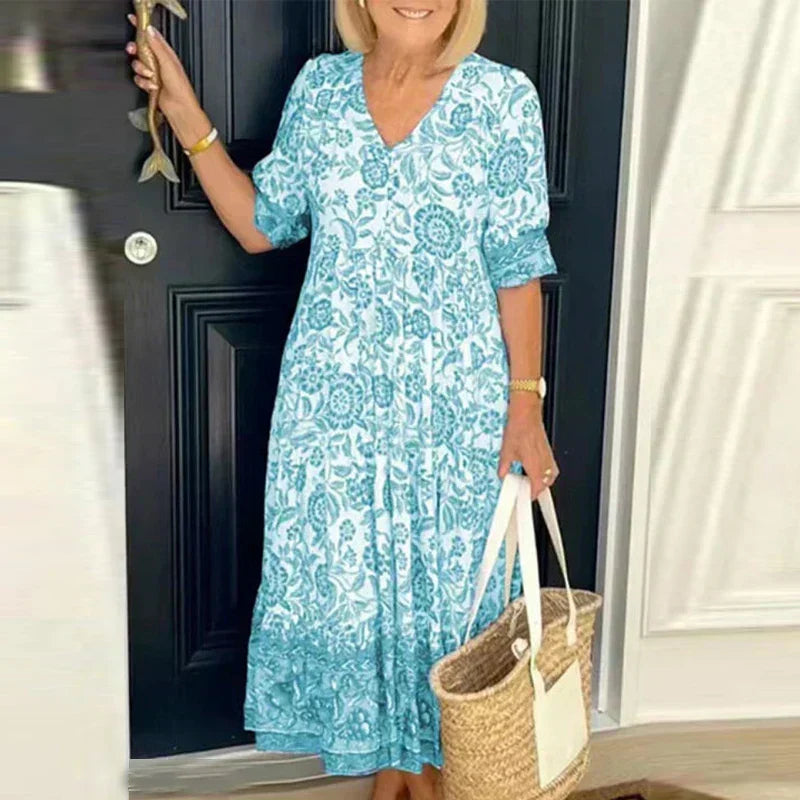 Floral Print V-Neck Button Front Ruffle Cuff Tiered Maxi Summer Dress - View 2