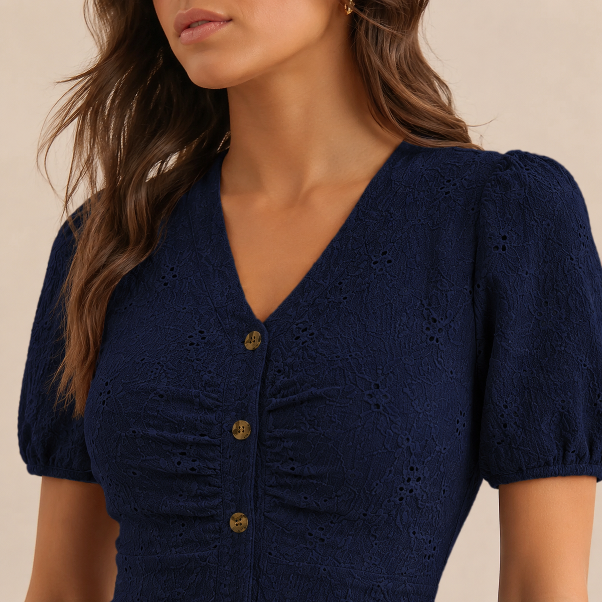 V-Neck Button Front Eyelet Ruffle Hem Mini Dress 2
