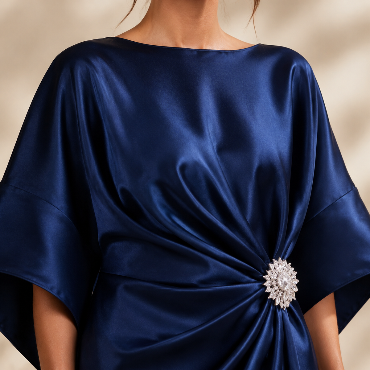 Round Neck Batwing Sleeve Brooch Ruched Satin Maxi Gown 14