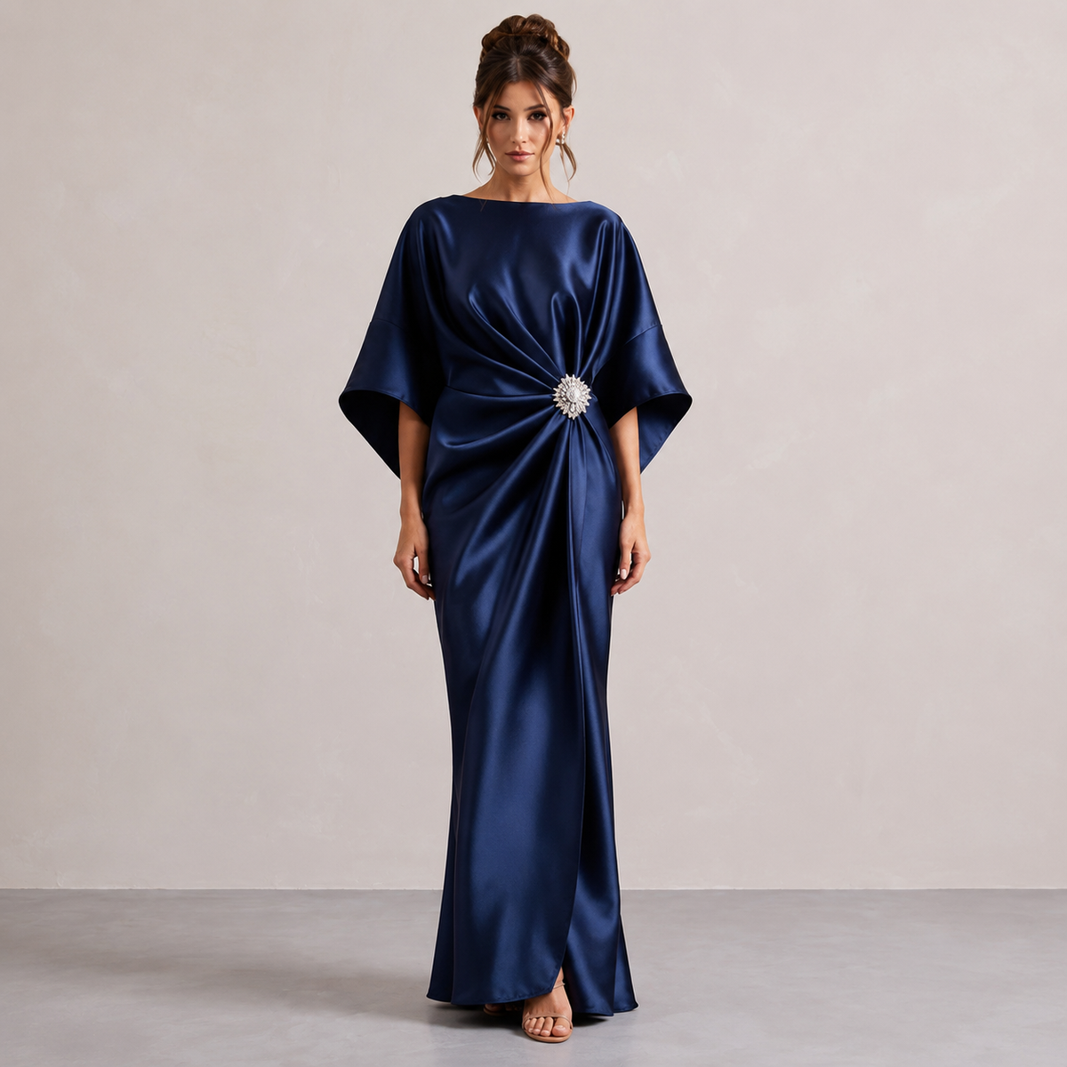 Round Neck Batwing Sleeve Brooch Ruched Satin Maxi Gown 13