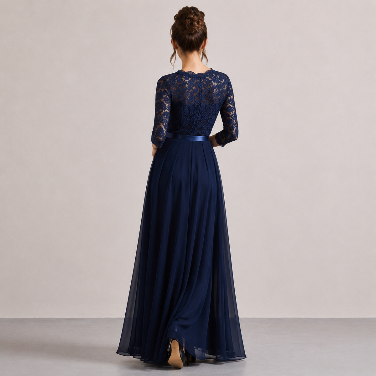 Lace Bodice Long Sleeve Pleated A-Line Maxi Gown 12