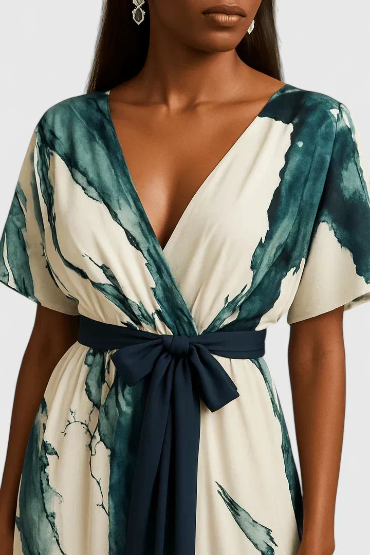 Watercolor Print V-Neck Short Sleeve Belted Maxi Dress