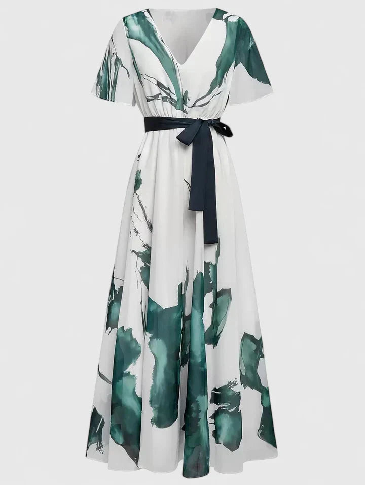 Watercolor Print V-Neck Short Sleeve Belted Maxi Dress 2