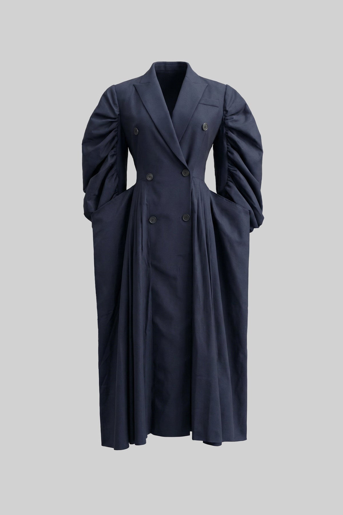 Double Breasted Puff Sleeve Pleated A-Line Midi Dress - View 2