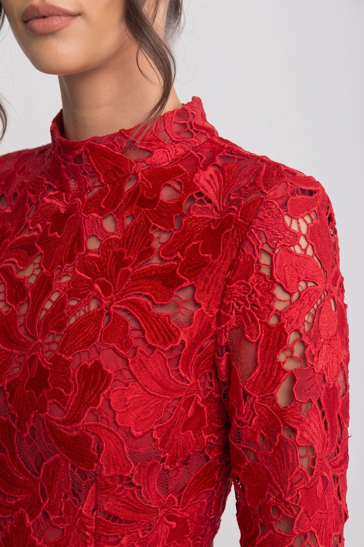 Long-Sleeve Lace Mini Dress With High Neck And Scalloped Hem - Red - View 6