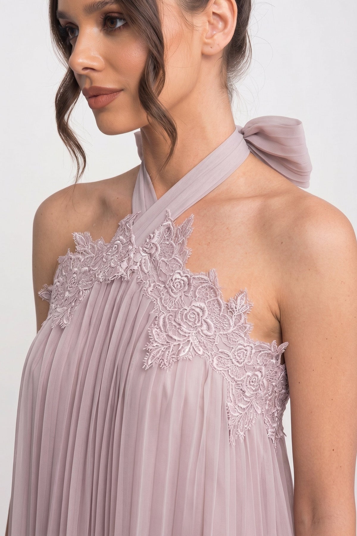 Halter Neck Chiffon Mini Dress With Lace Hem - Pink - View 4