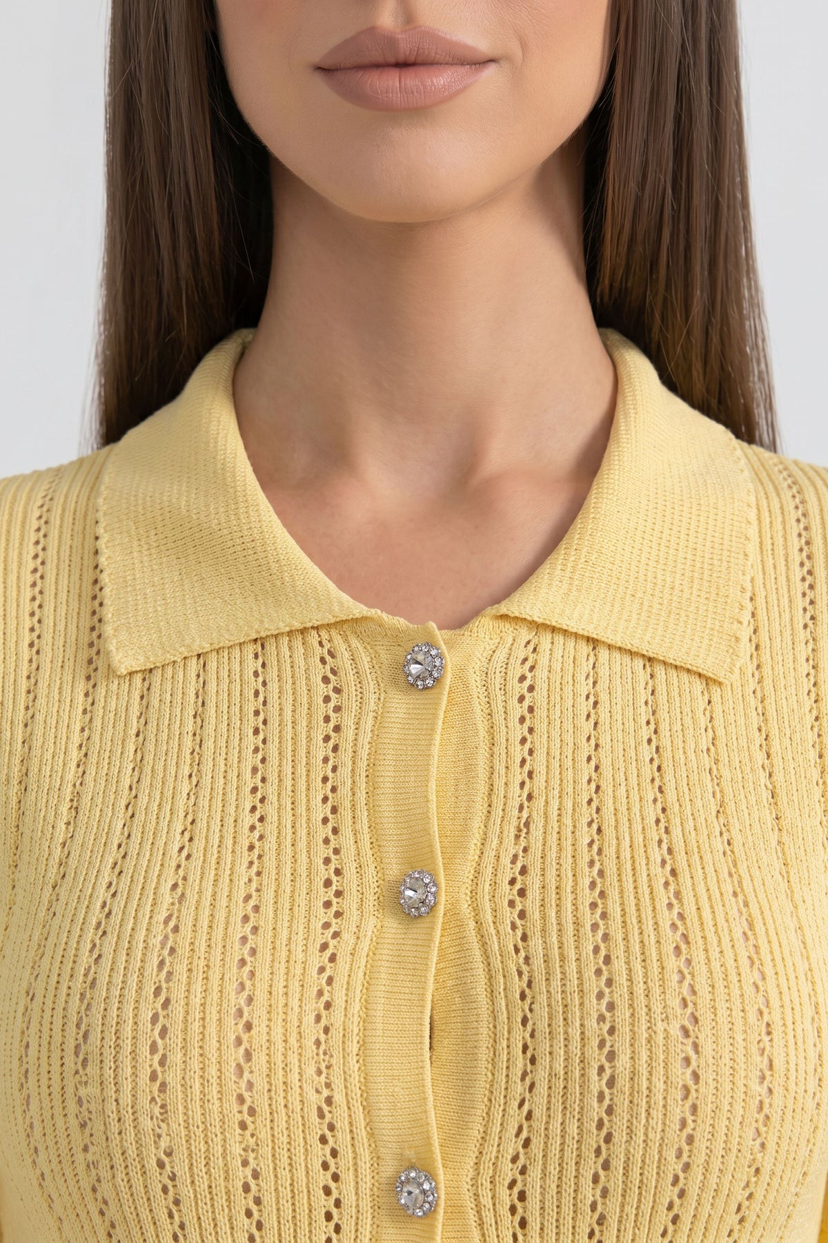Peter-Pan Collar Knit Peplum Maxi Dress With Lace Hem - Yellow - View 5