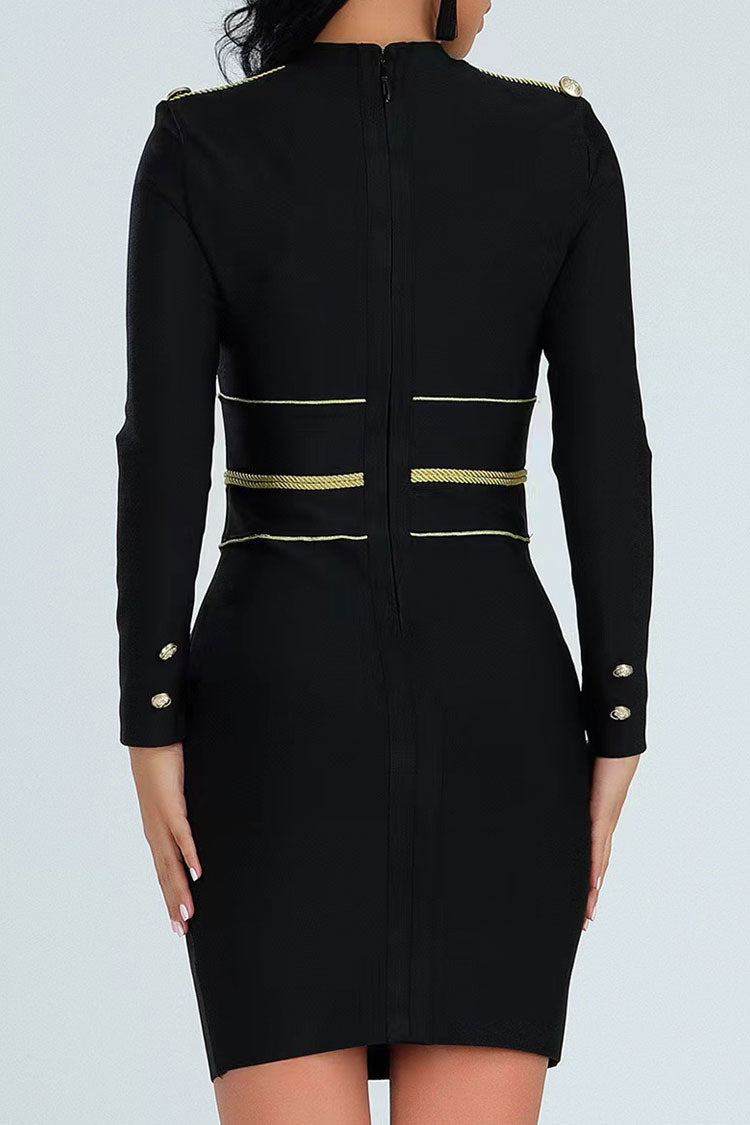 Bandage Mock Neck Long Sleeve Button Trim Bodycon Dress - View 4