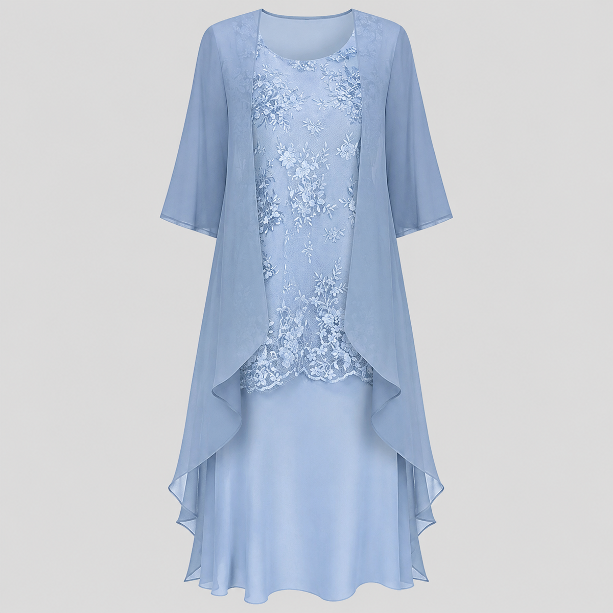 Floral Lace Round Neck Chiffon Jacket Two Piece Midi Dress 2