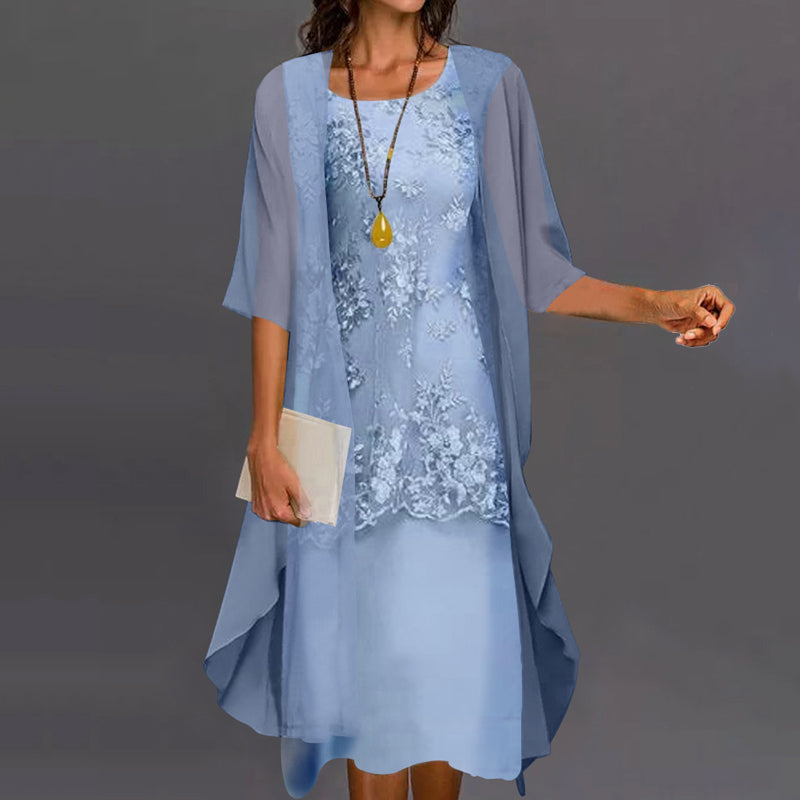 Floral Lace Round Neck Chiffon Jacket Two Piece Midi Dress 3
