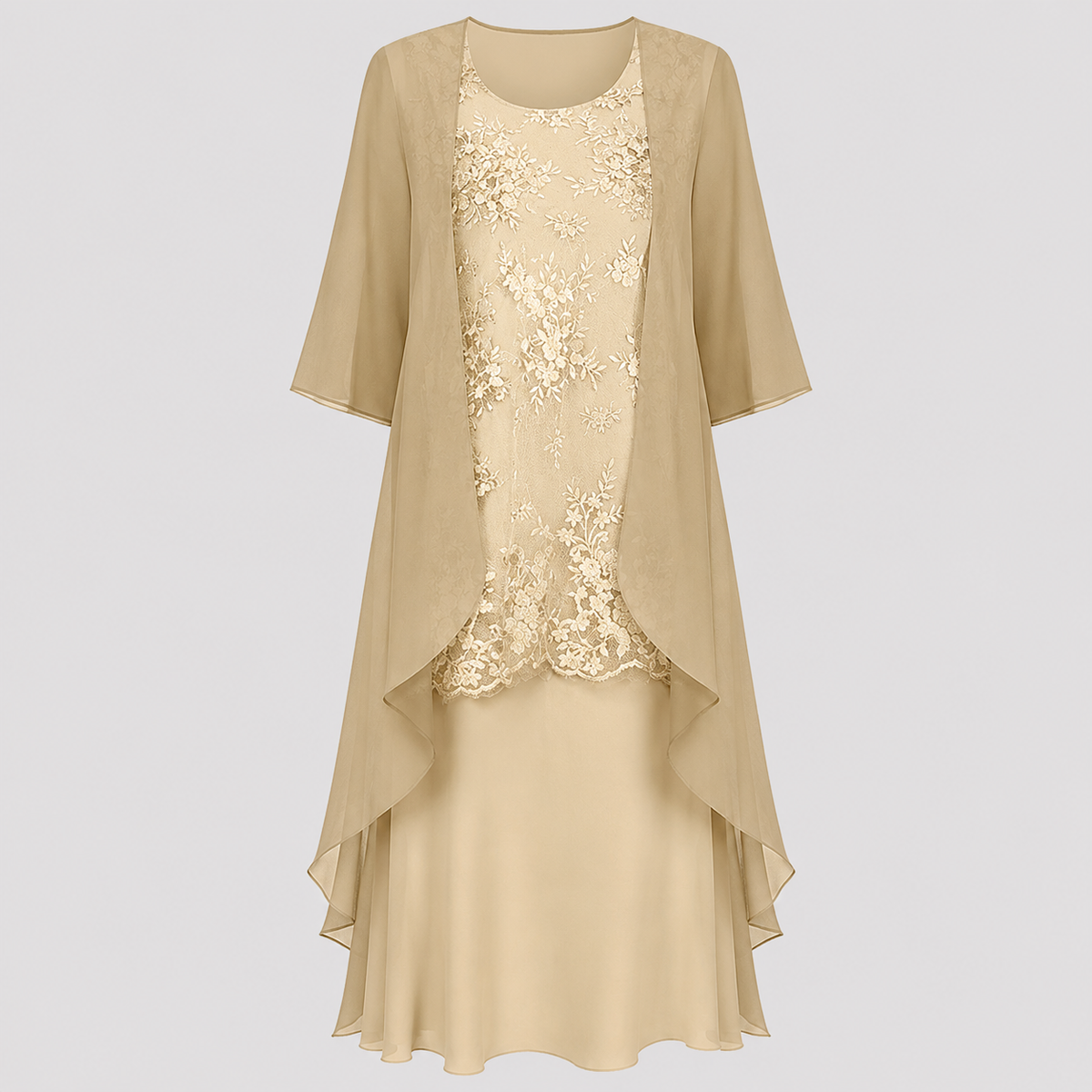 Floral Lace Round Neck Chiffon Jacket Two Piece Midi Dress 5
