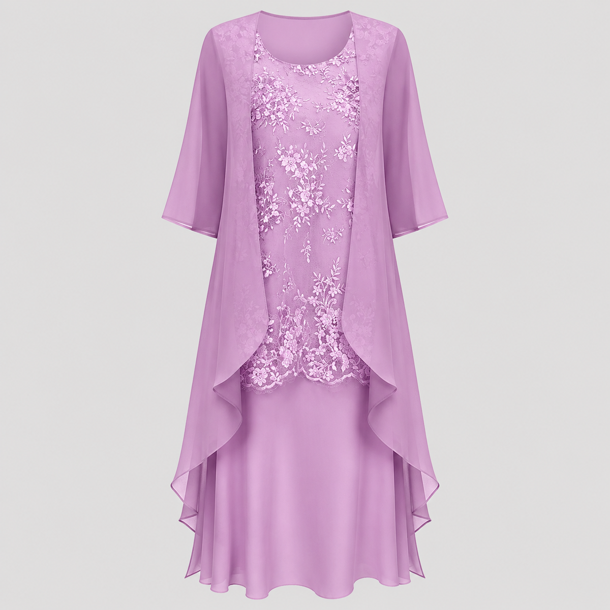 Floral Lace Round Neck Chiffon Jacket Two Piece Midi Dress 7