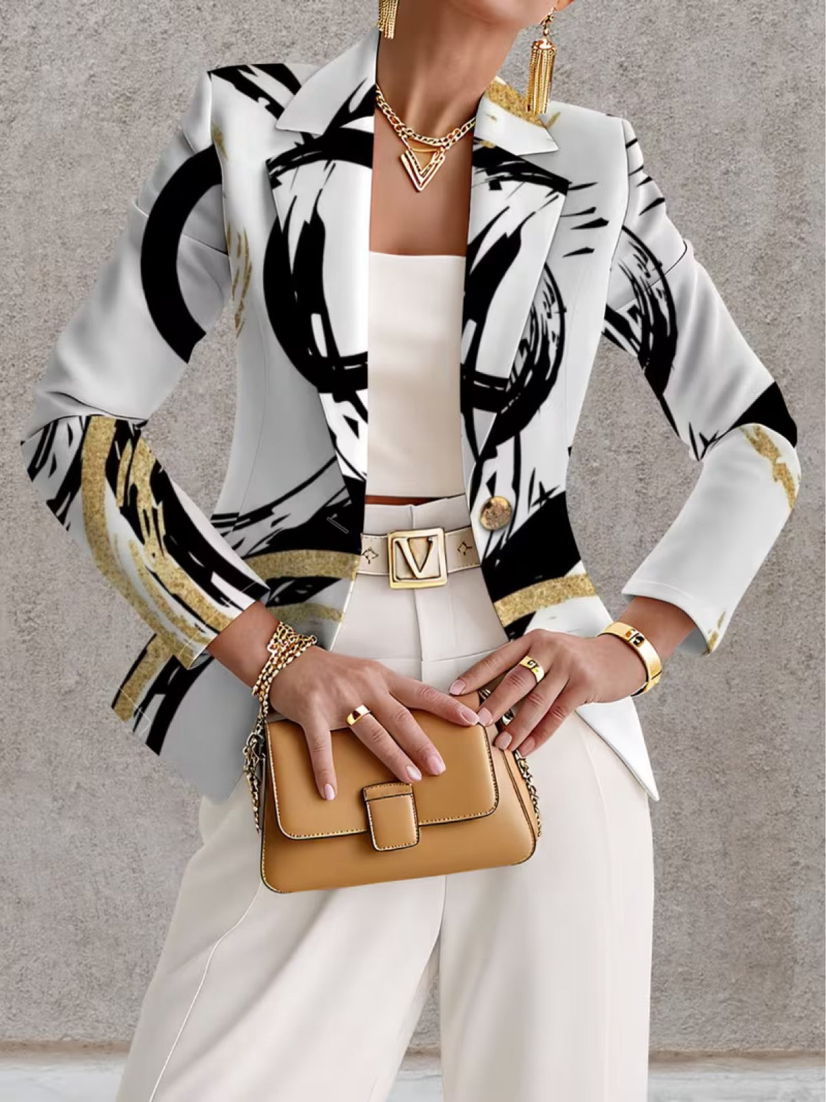 Abstract Brushstroke Print Open Front Cropped Blazer