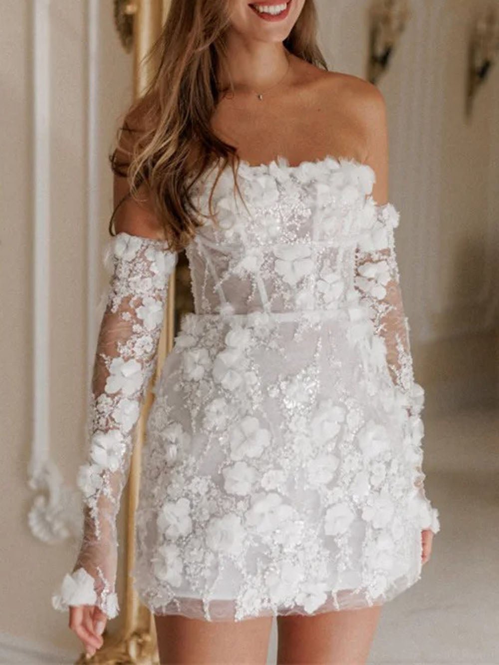 Strapless Corset 3D Floral Appliqué Sequin Detached Sleeve Mini Dress