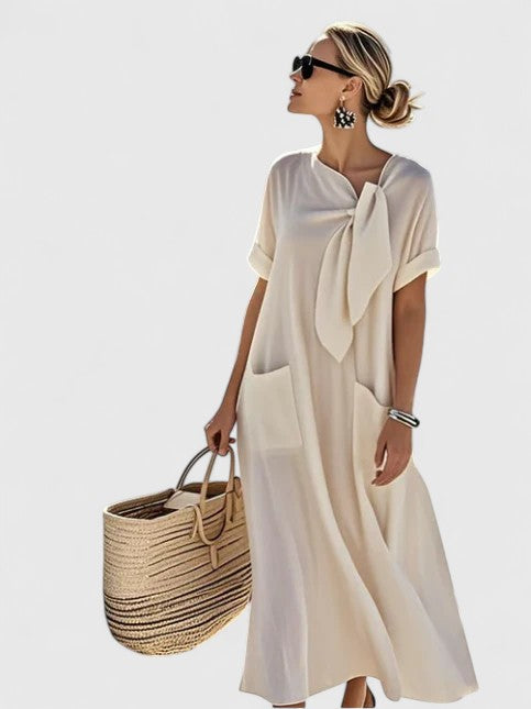 Tie Neck Short Sleeve Pocket A-Line Maxi Dress 3