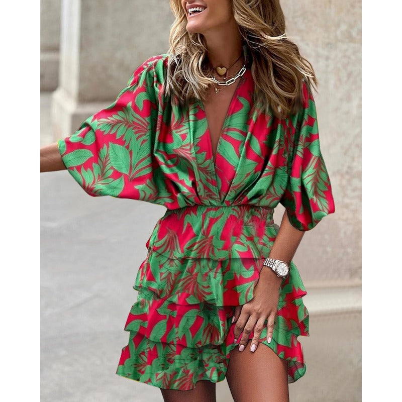 V-Neck Smocked Waist Elbow Sleeve Tiered Ruffle Mini Dress - View 4