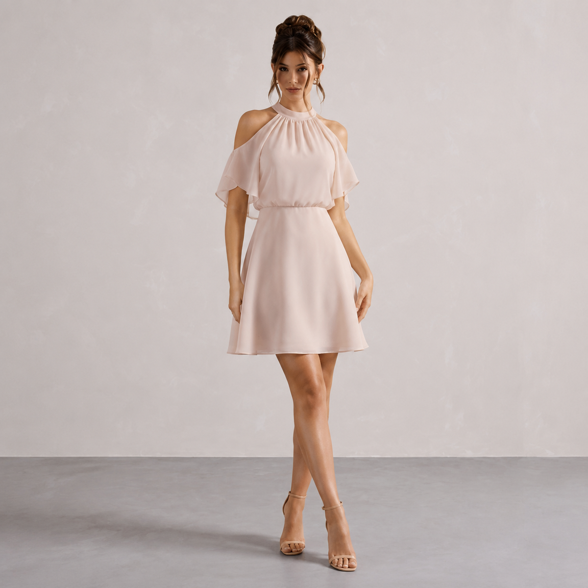 Halter Neck Cold Shoulder Ruffle A-Line Mini Dress 10