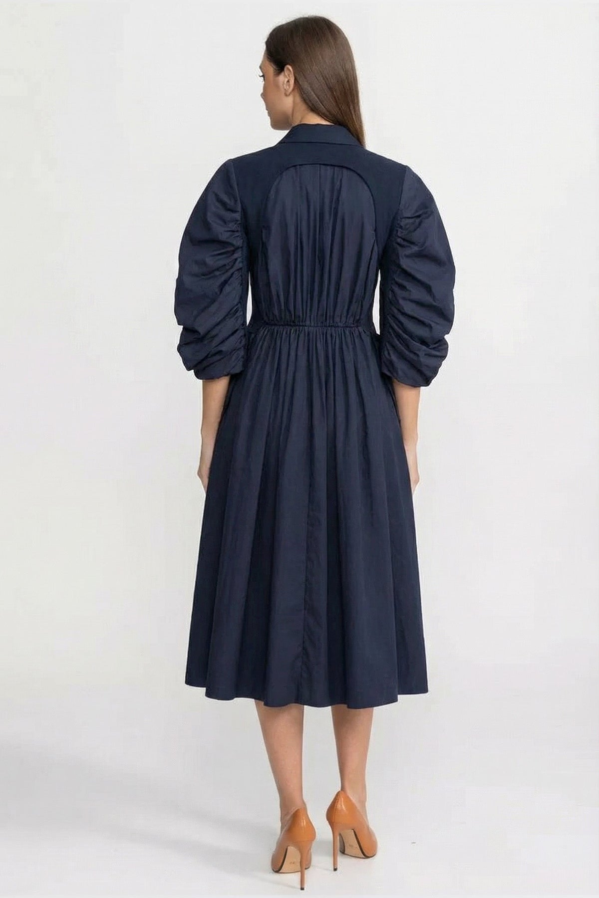 Double Breasted Puff Sleeve Pleated A-Line Midi Dress - View 4