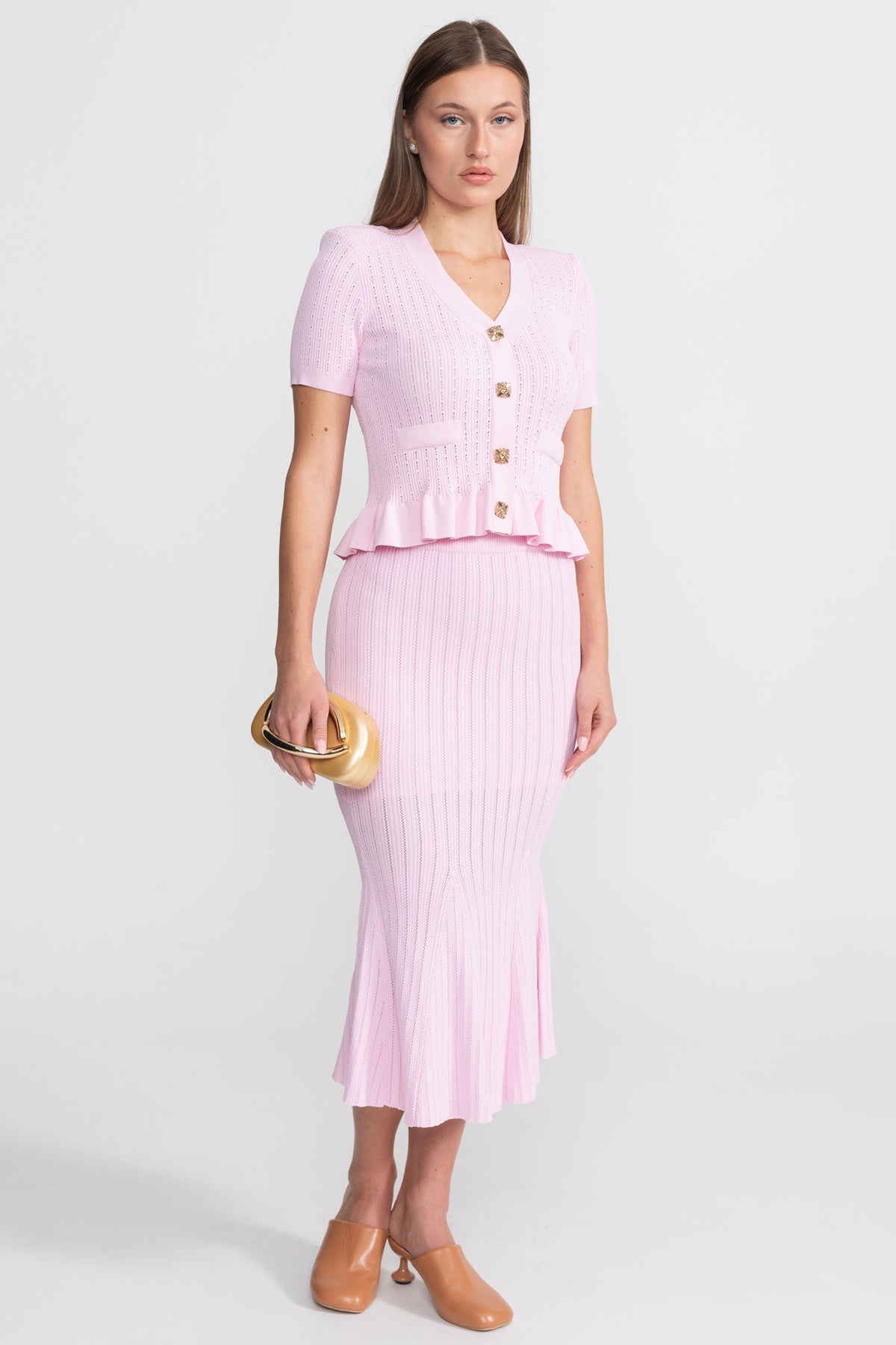 Knit Midi Co-Ord with Peplum Waist and Gold Buttons – Pink - View 2