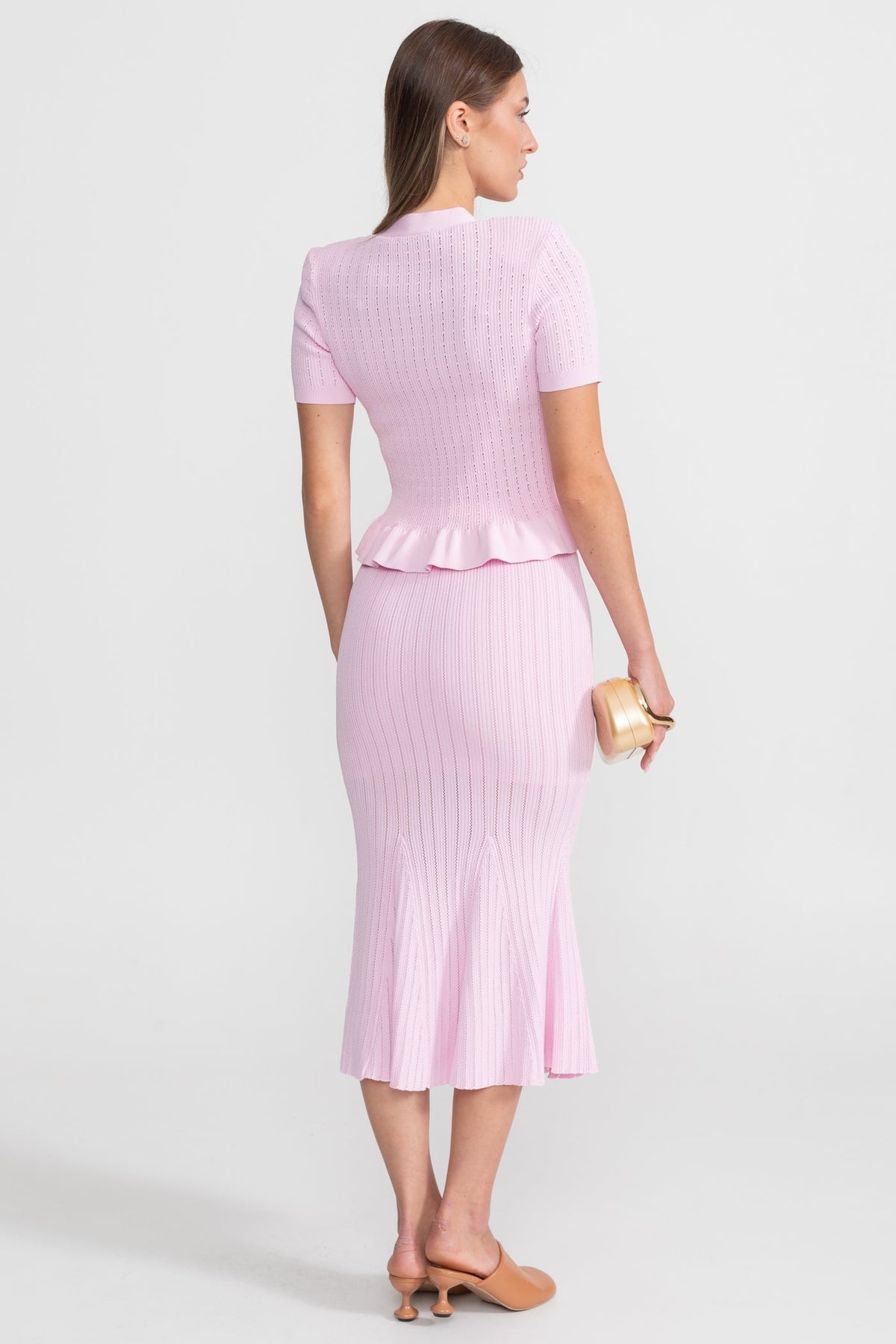 Knit Midi Co-Ord with Peplum Waist and Gold Buttons – Pink - View 4