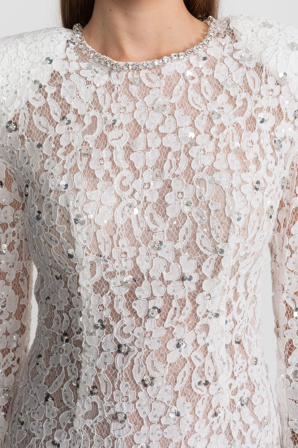 Sequin Lace Mini Dress With Structured Shoulders – White - View 7