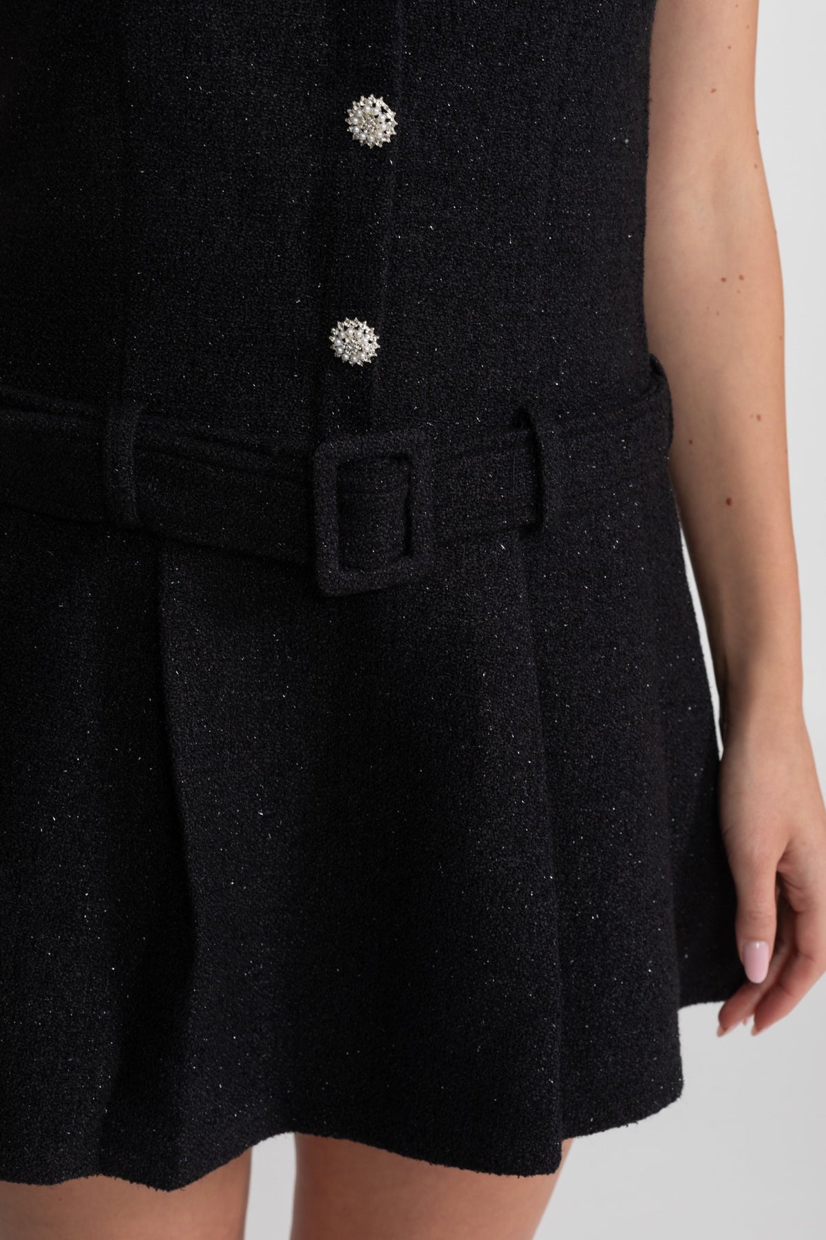 Rhinestone Collar Crystal Button Belted Tweed Sleeveless Mini Dress - View 6