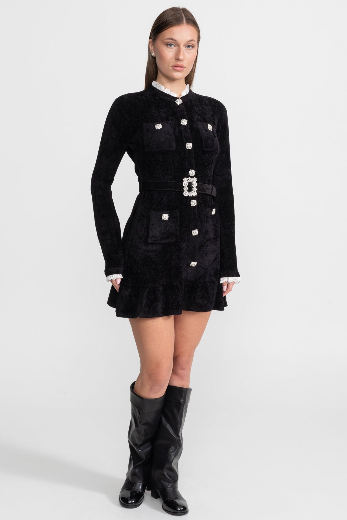Knit Crystal-Button Mini Dress With Matching Belt – Black - View 3