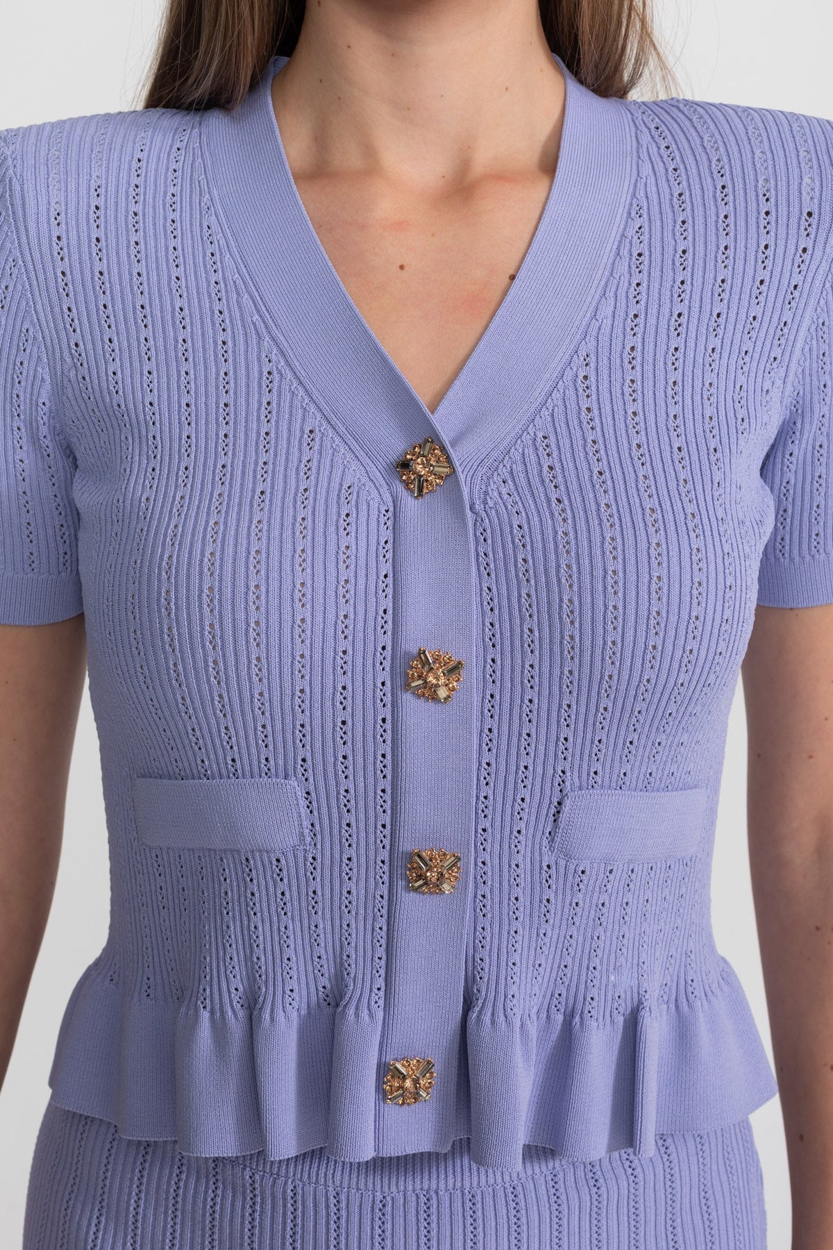 Knit Midi Co-Ord with Peplum Waist and Gold Buttons – Lilac - View 4