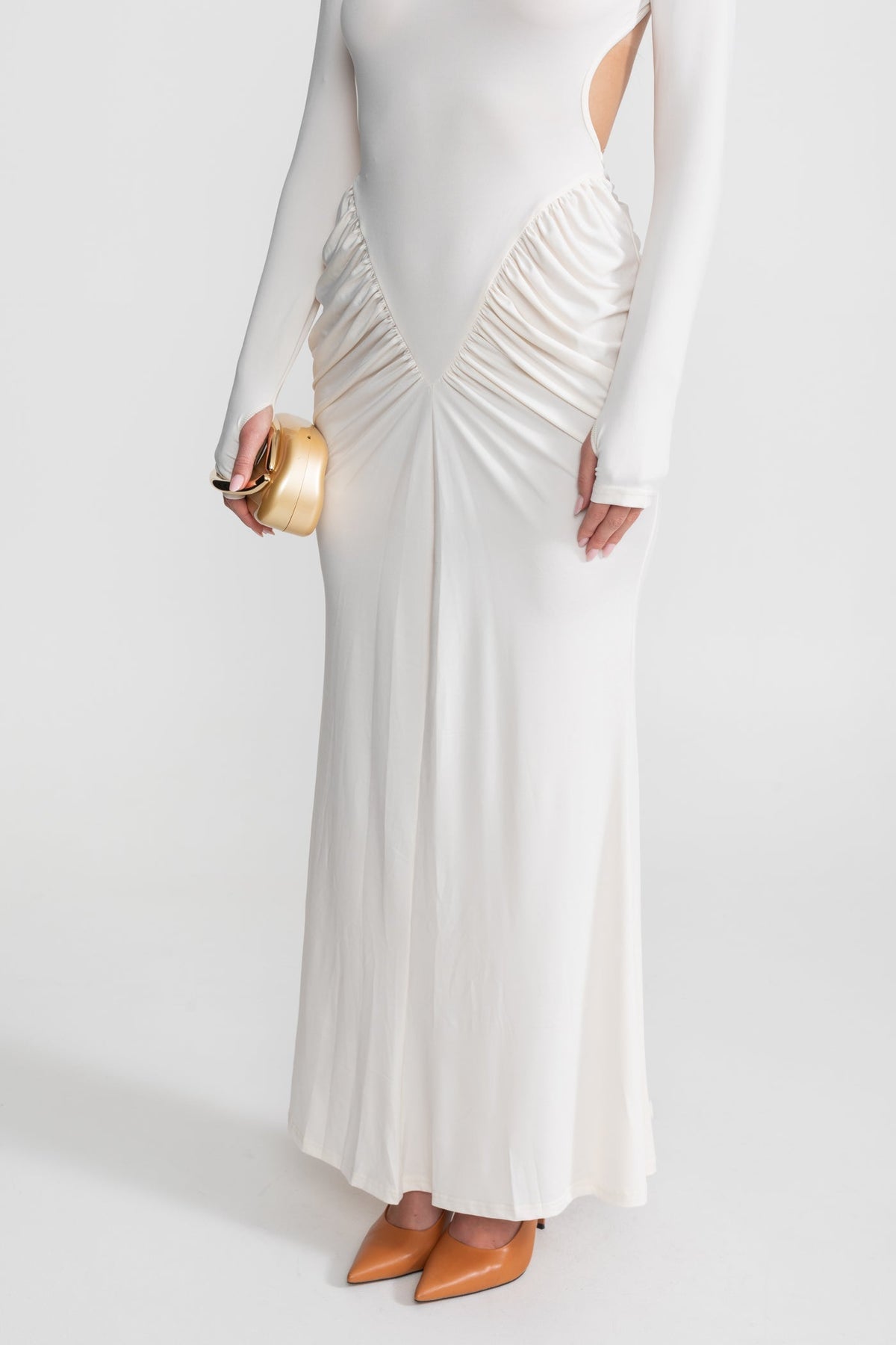 Ruched Maxi Dress With Side Cutouts – White - View 5
