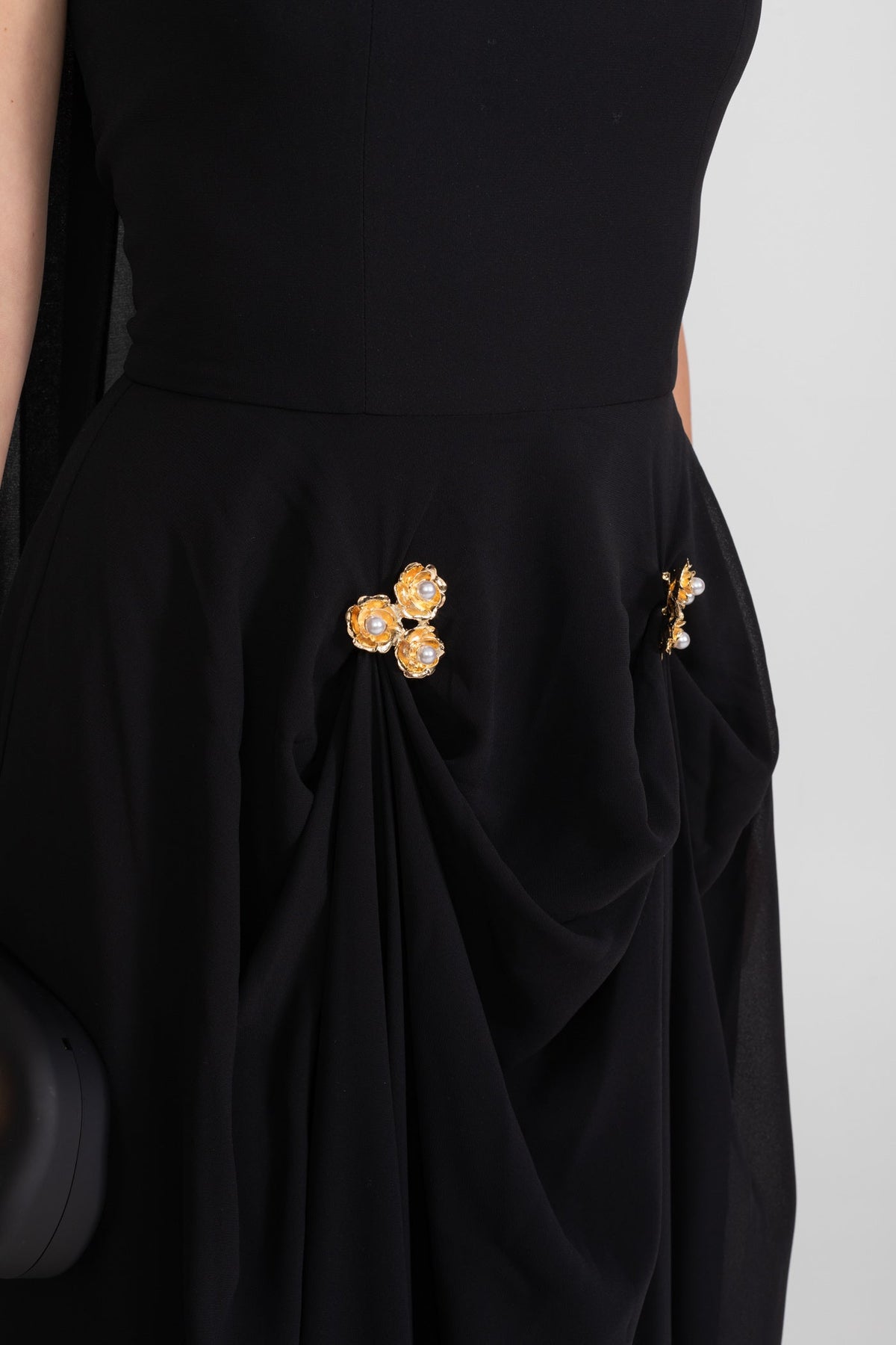 Strapless Scarf Neck Draped Floral Brooch A-Line Maxi Gown - View 5