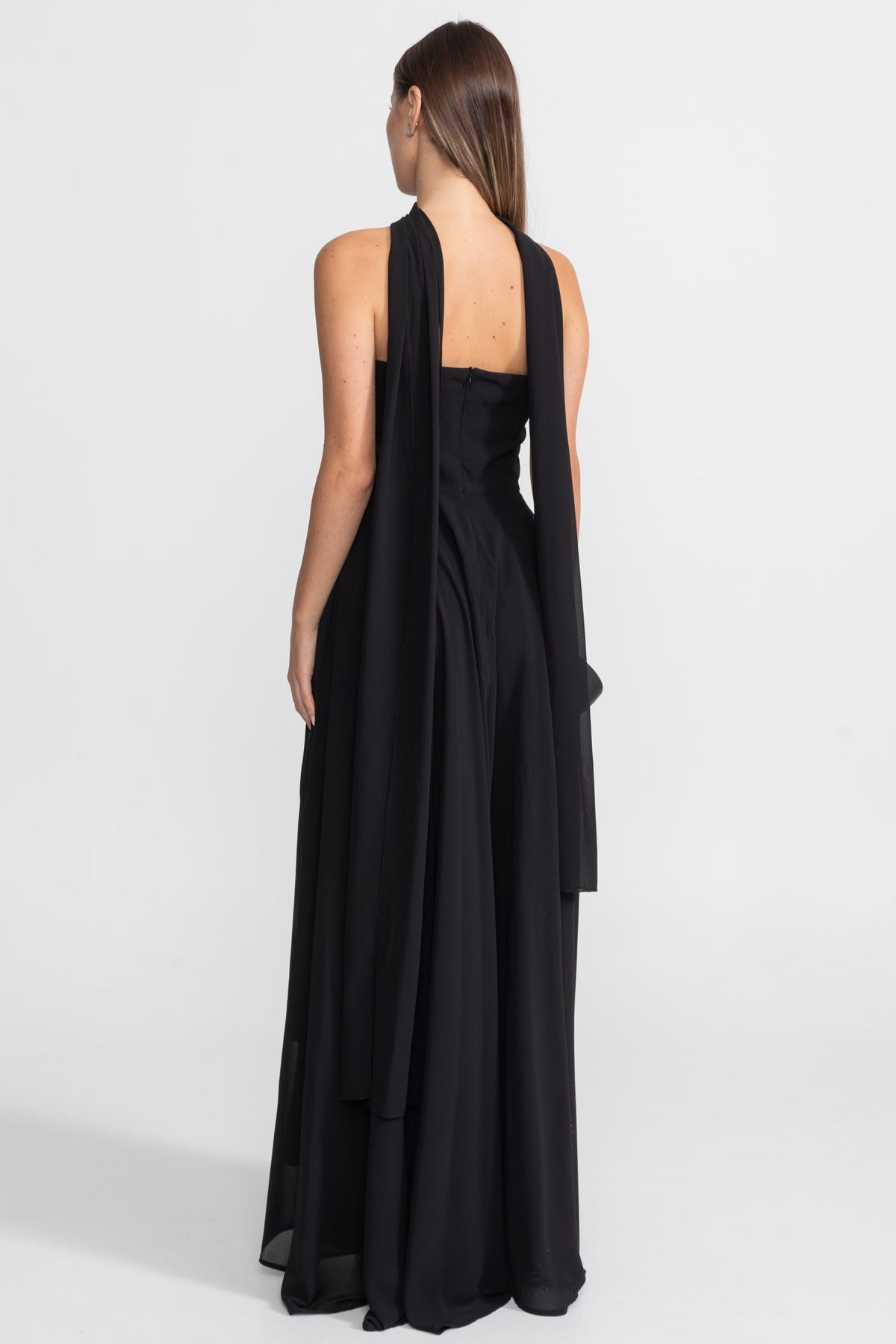 Strapless Scarf Neck Draped Floral Brooch A-Line Maxi Gown - View 4