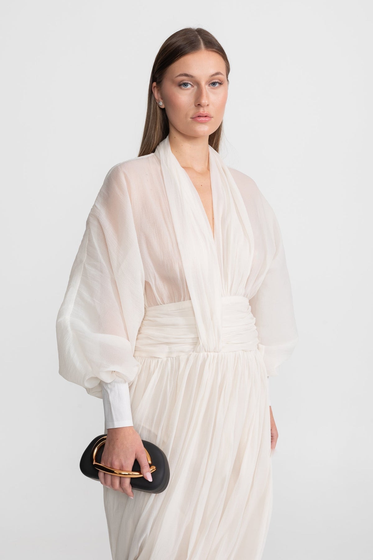 Draped Chiffon Maxi Dress With Long Bishop Sleeves – Ivoire - View 3
