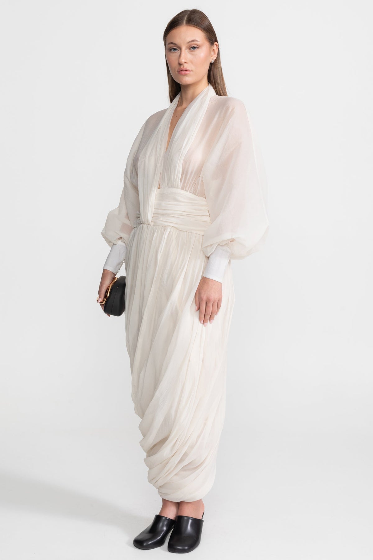 Draped Chiffon Maxi Dress With Long Bishop Sleeves – Ivoire - View 4
