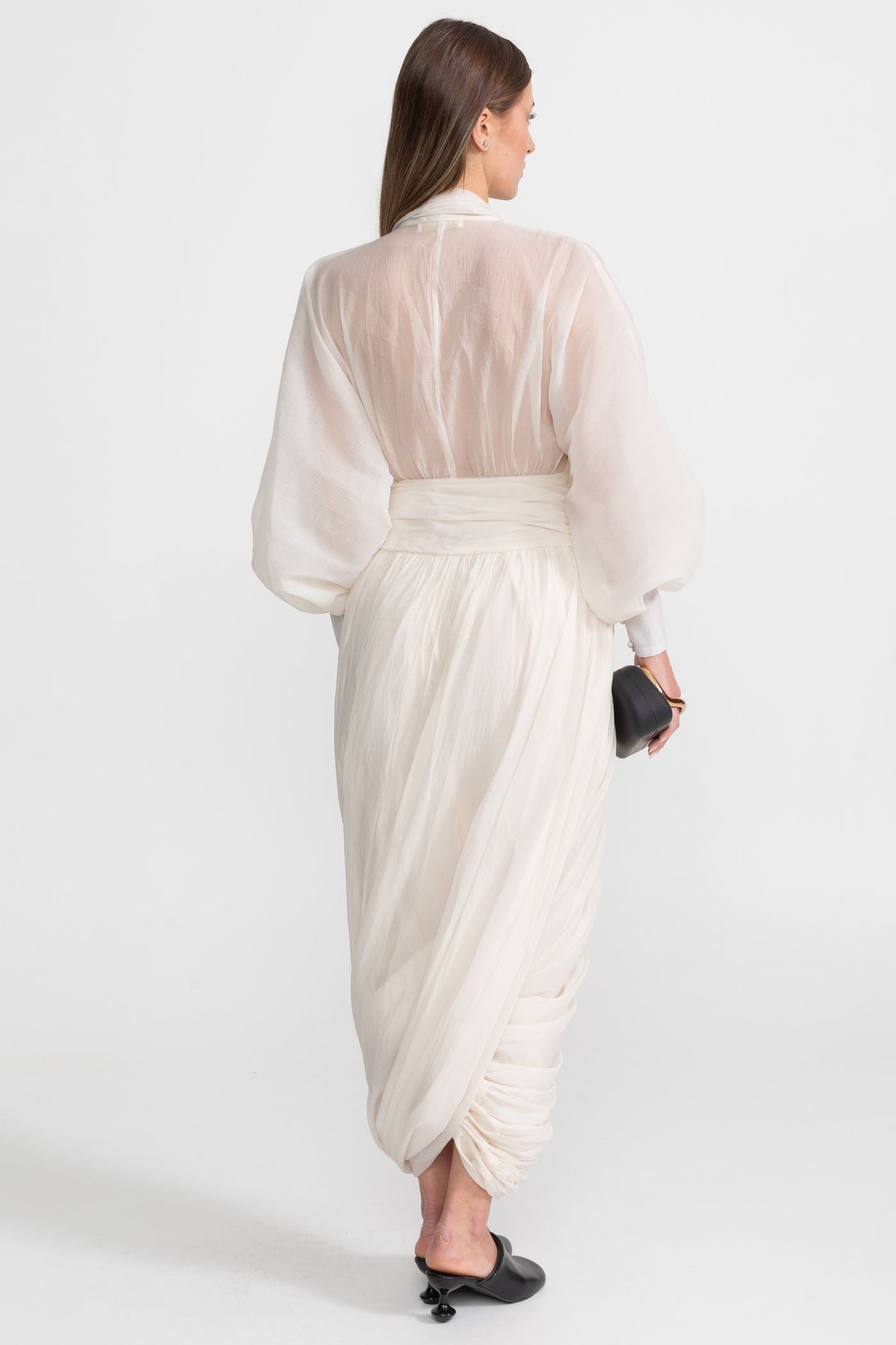 Draped Chiffon Maxi Dress With Long Bishop Sleeves – Ivoire - View 7