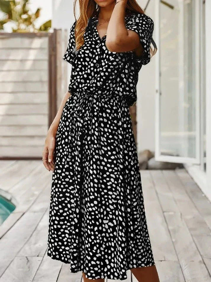 Animal Print Collared Short Sleeve Drawstring Midi Shirt Dress 8