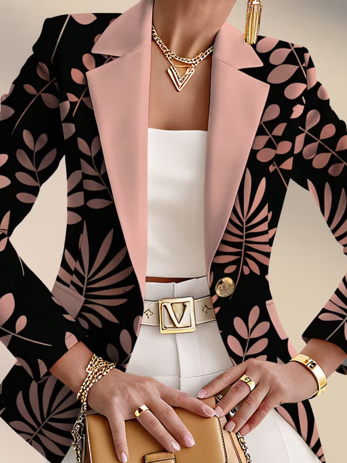 Leaf Print Contrast Lapel Single Button Blazer 3