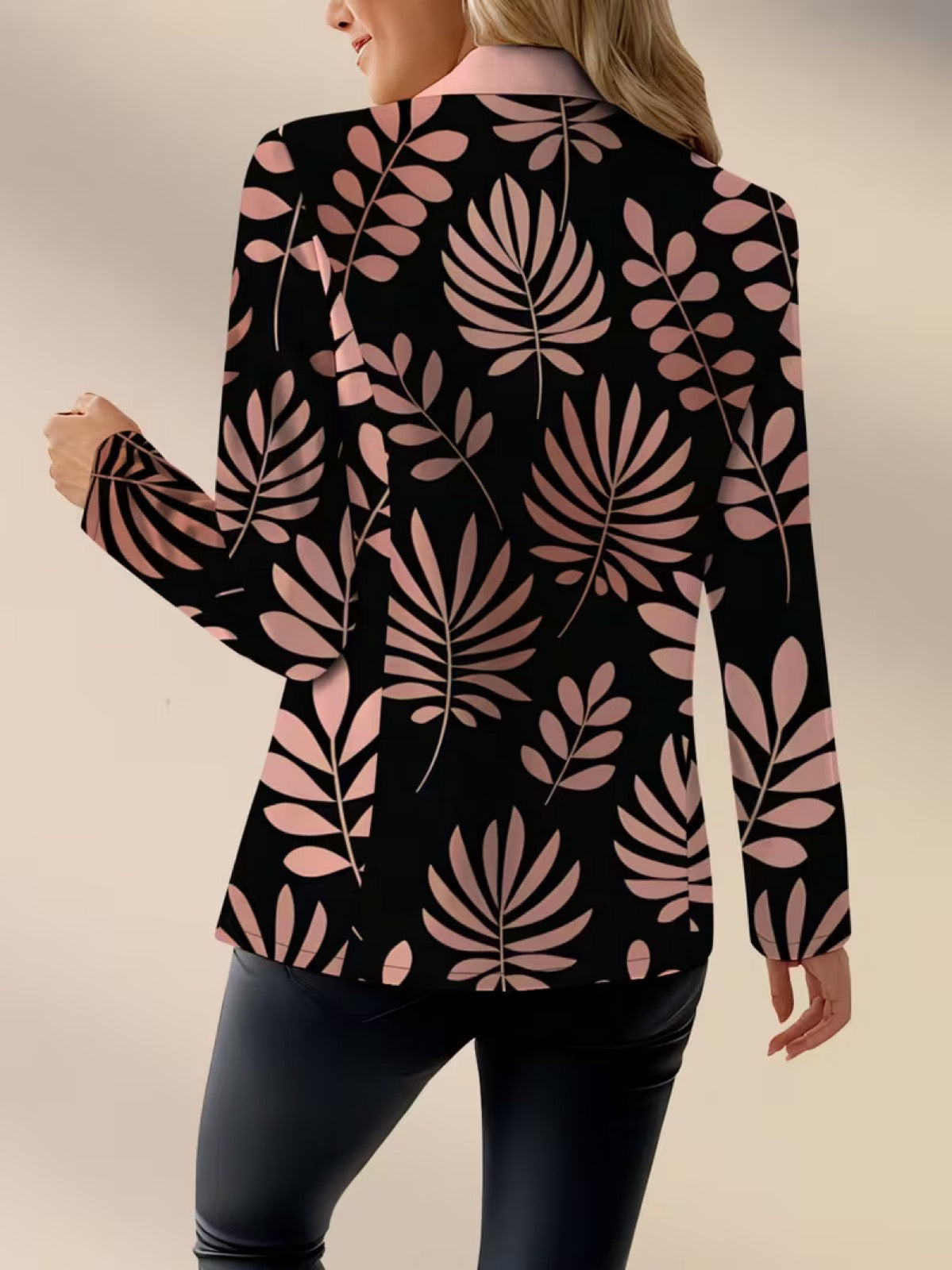 Leaf Print Contrast Lapel Single Button Blazer 5