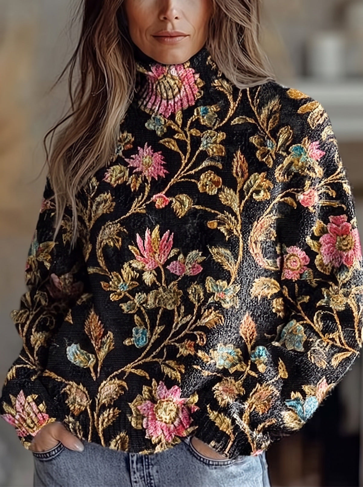 Vine Floral Print Turtleneck Long Sleeve Sweater
