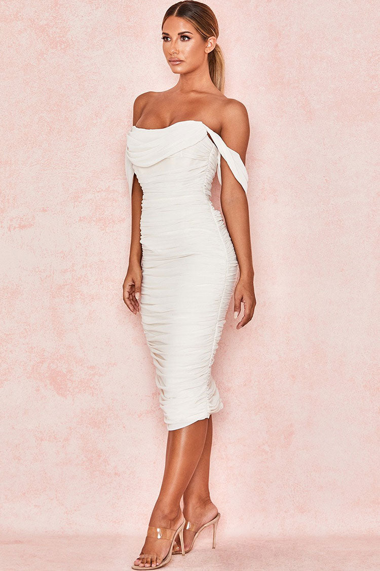 Off Shoulder Sleeveless Ruched Bodycon Midi Cocktail Dress - View 3